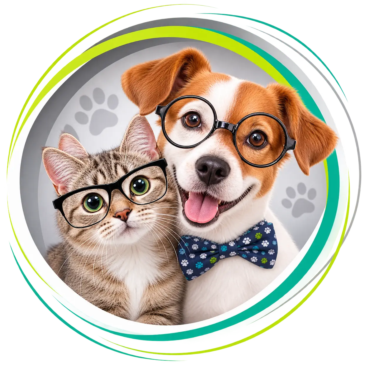 Imagem ilustrativa de um gato e cachorro usando óculos para representar a saúde oftalmológica dos pets